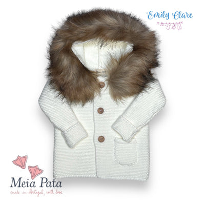 Meia Pata Unisex Knitted Coat With Fur Hood - Ivory