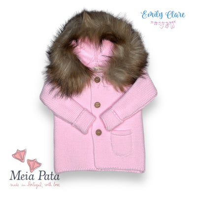 Pink Knitted Coat With Fur Hood By Meia Pata