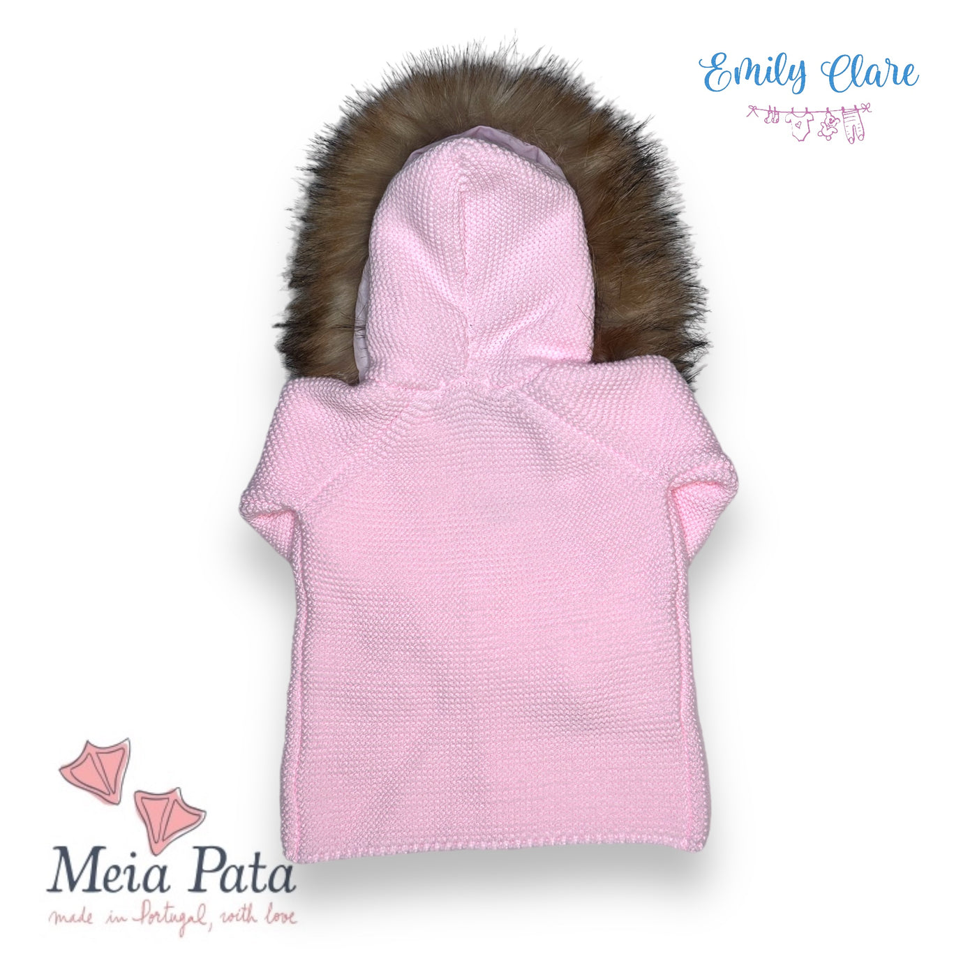 Pink Knitted Coat With Fur Hood By Meia Pata