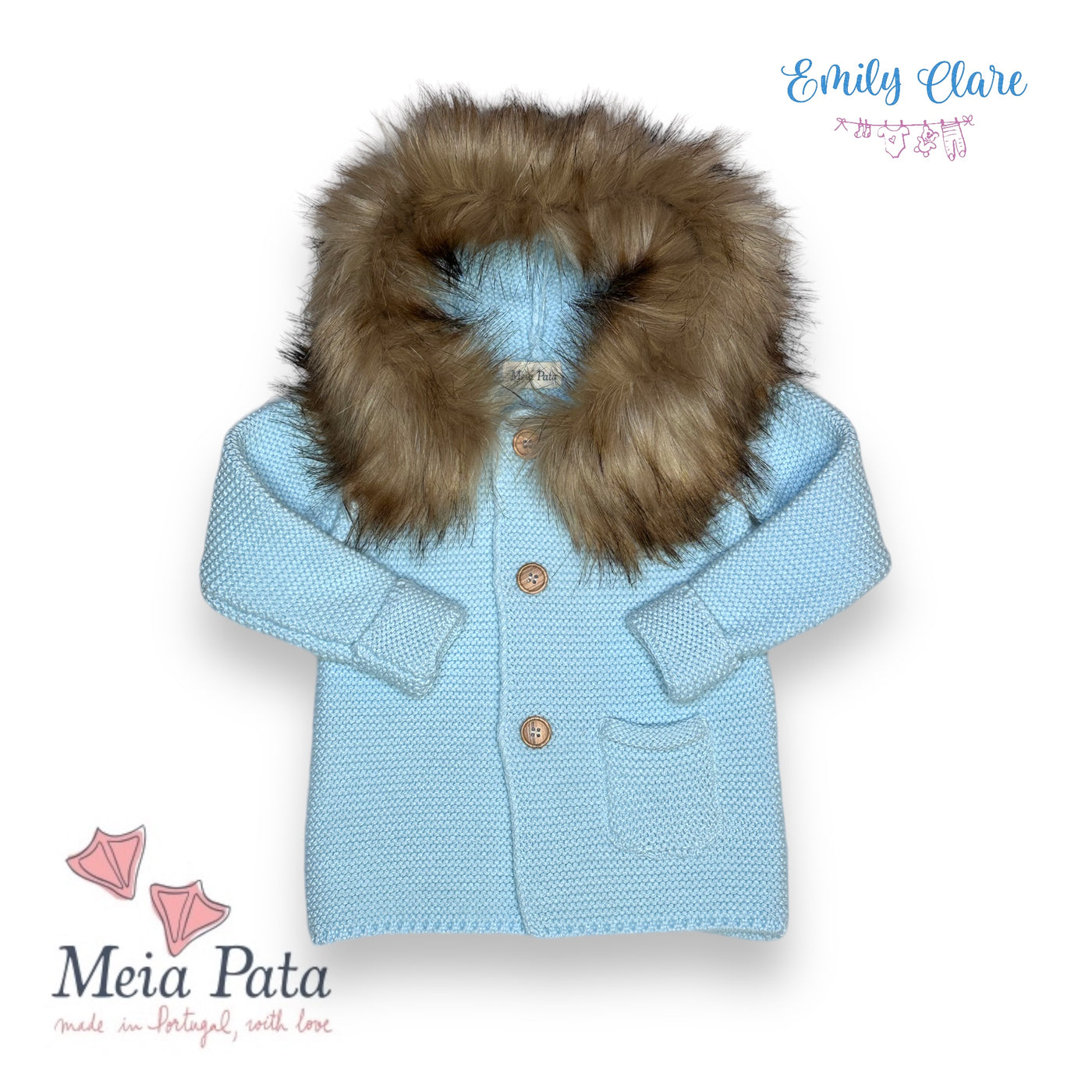 Pale Blue Knitted Coat With Fur Hood By Mei Pata