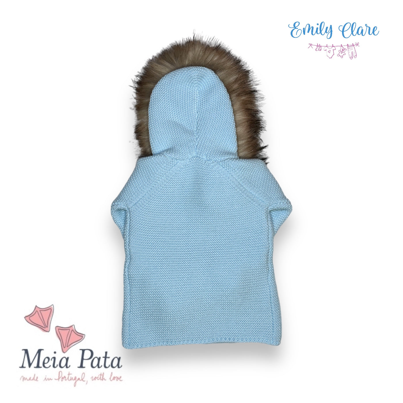 Pale Blue Knitted Coat With Fur Hood By Mei Pata