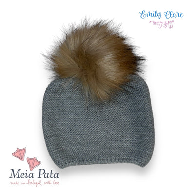 Unisex Grey Fur Pom Pom Hat By Meia Pata