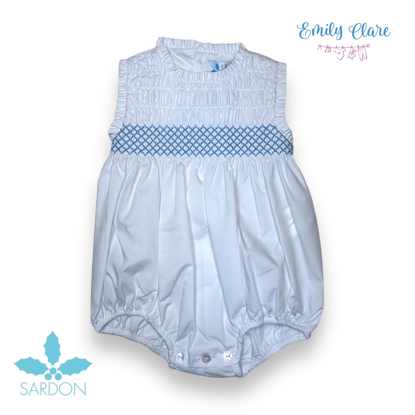 Unisex White With Blue Smocked Romper By Sardon