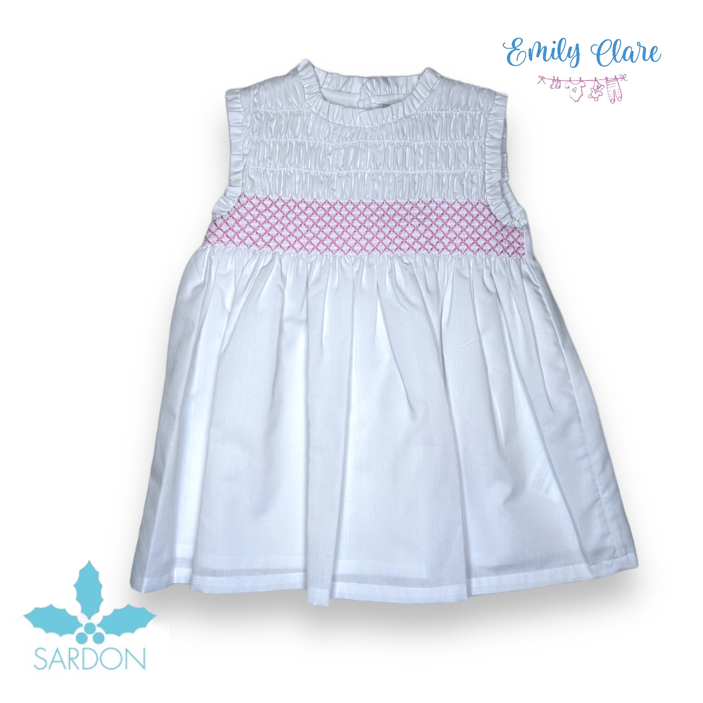 Girls Woven White With Pink Smocked Dress By Sardon