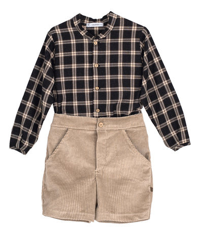 Black and white plaid shirt with beige shorts on a white background