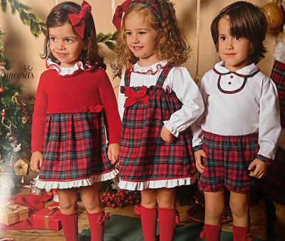 Girls Dungaree Style Red Tartan Dress & Blouse Set By Juliana