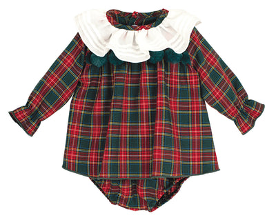 Plaid baby romper with ruffled collar on a white background