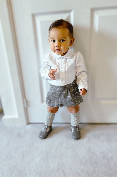 Boys Two Piece White Shirt with Grey Tartan Shorts by Baby Lai