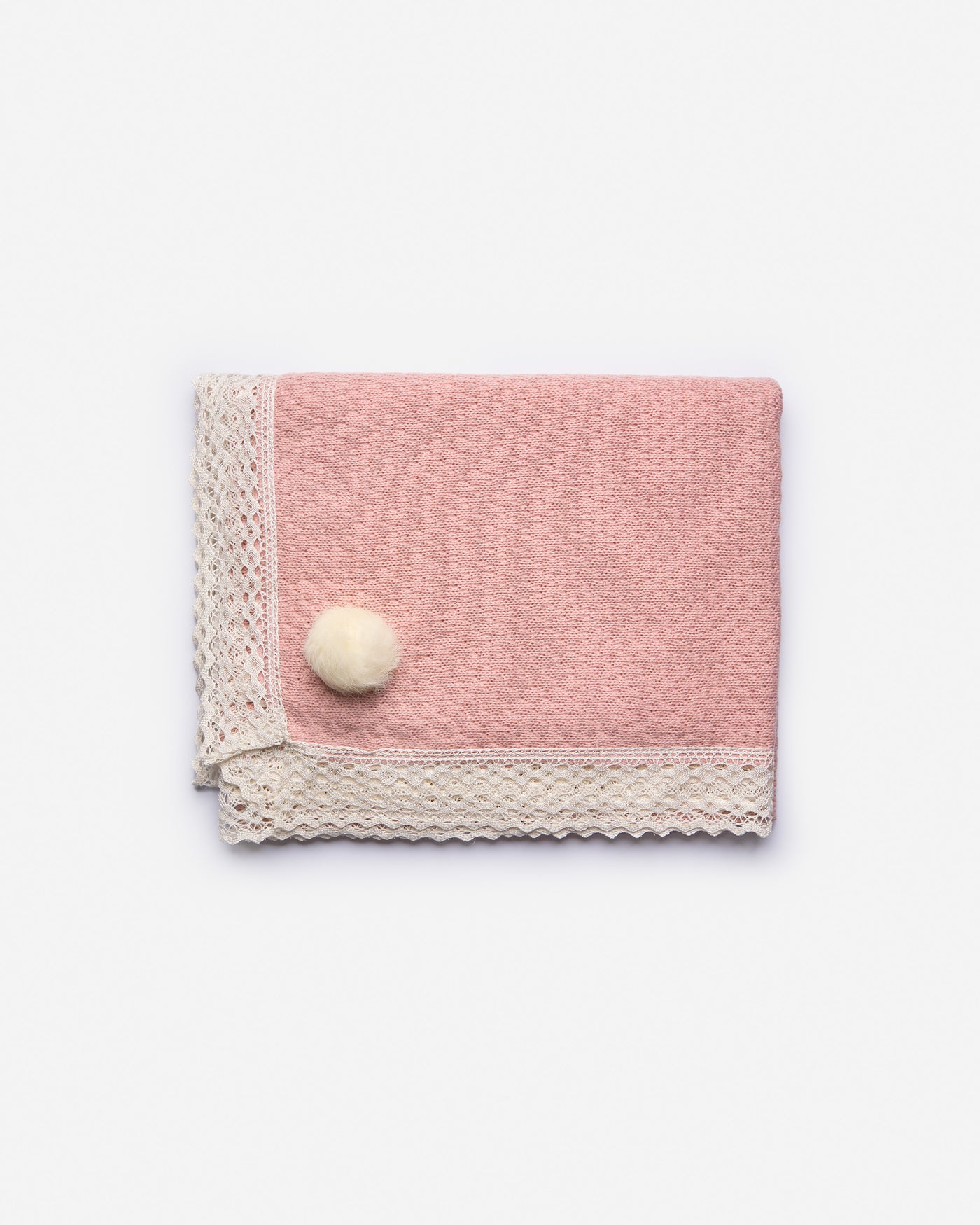 Pink Winter Knitted Blanket with Ivory Pom Pom and Lace Trim by Juliana