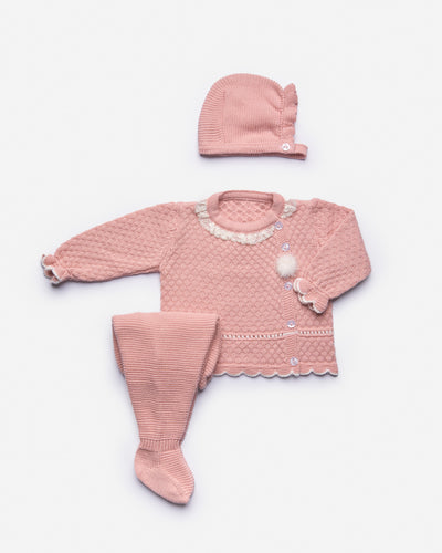 Pink Knitted 3 Piece Set with Lace Trim by Juliana