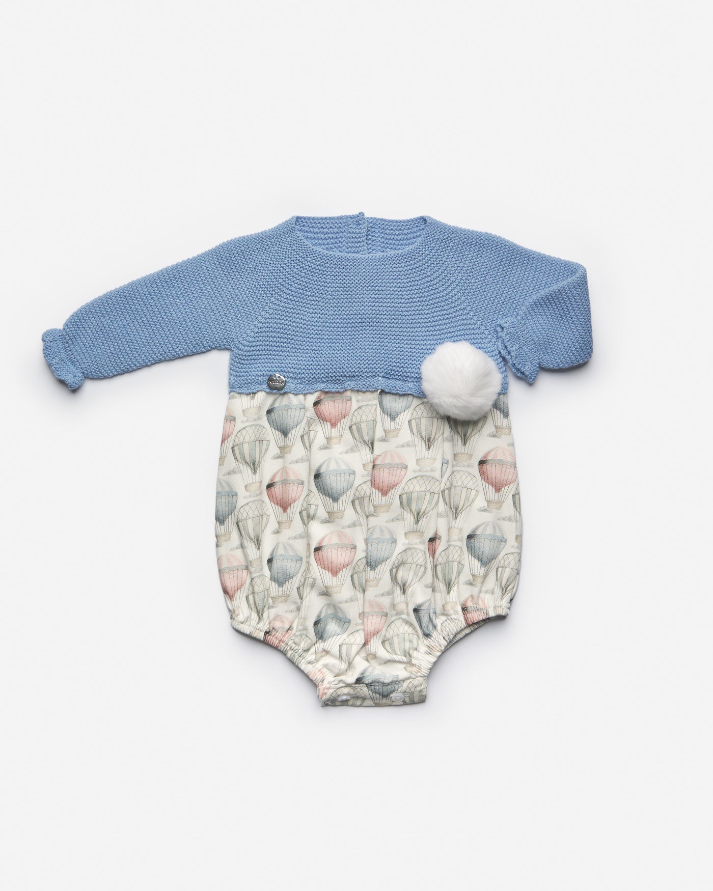 Fabric and Knitted Balloon Romper in Blue by Juliana