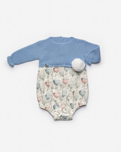 Fabric and Knitted Balloon Romper in Blue by Juliana