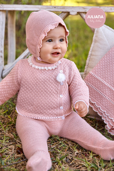 Pink Knitted 3 Piece Set with Lace Trim by Juliana