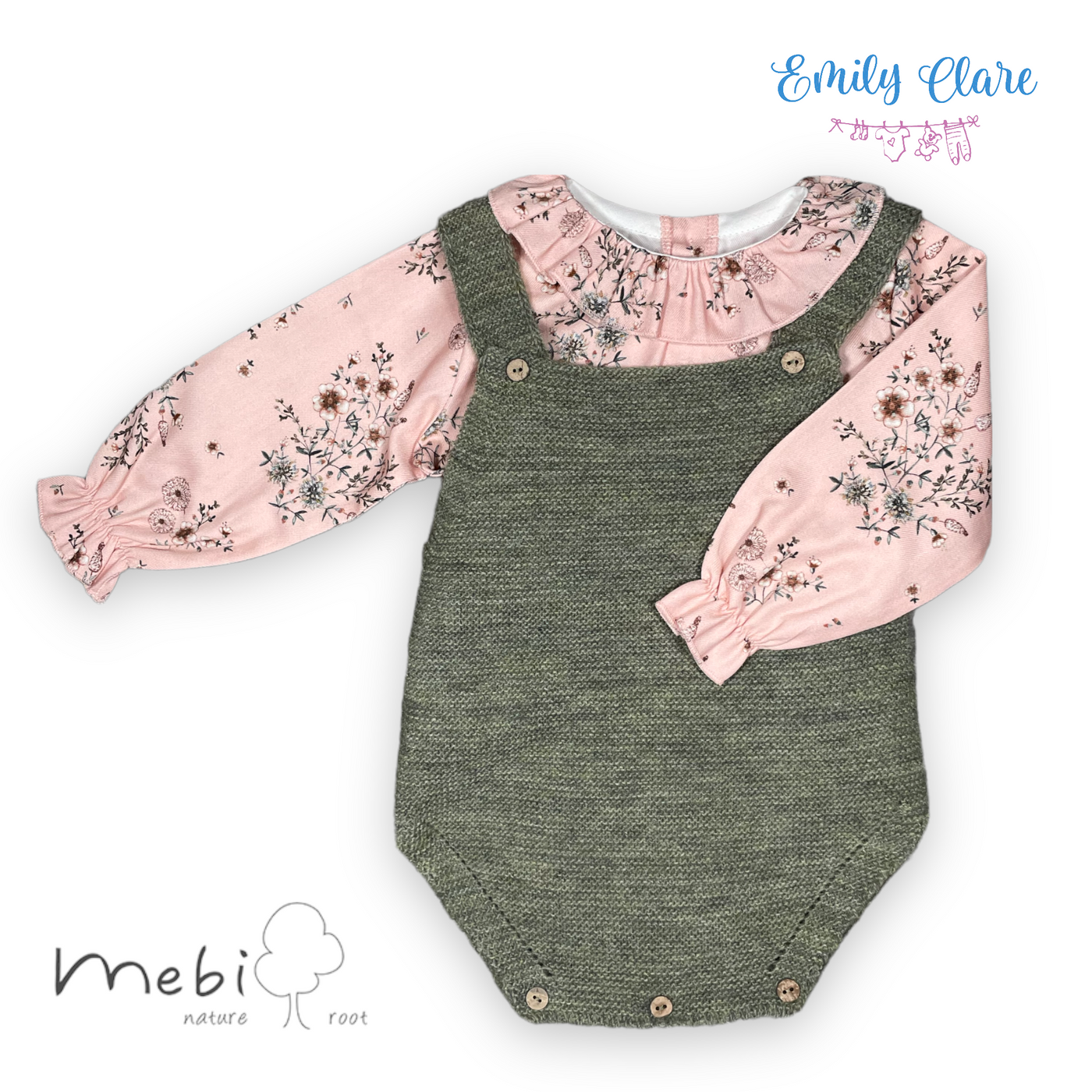 Girls Two-Piece Green Knitted and Pink Floral Shortie Set by Mebi