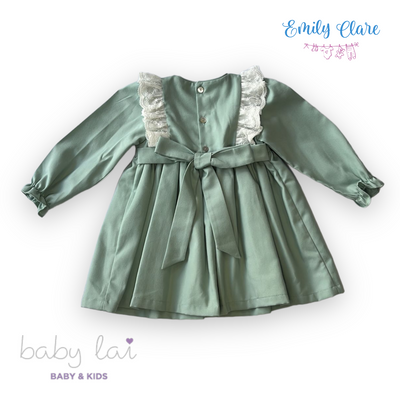 Girls Green Dress with Ivory Smocked Detailing by Baby Lai