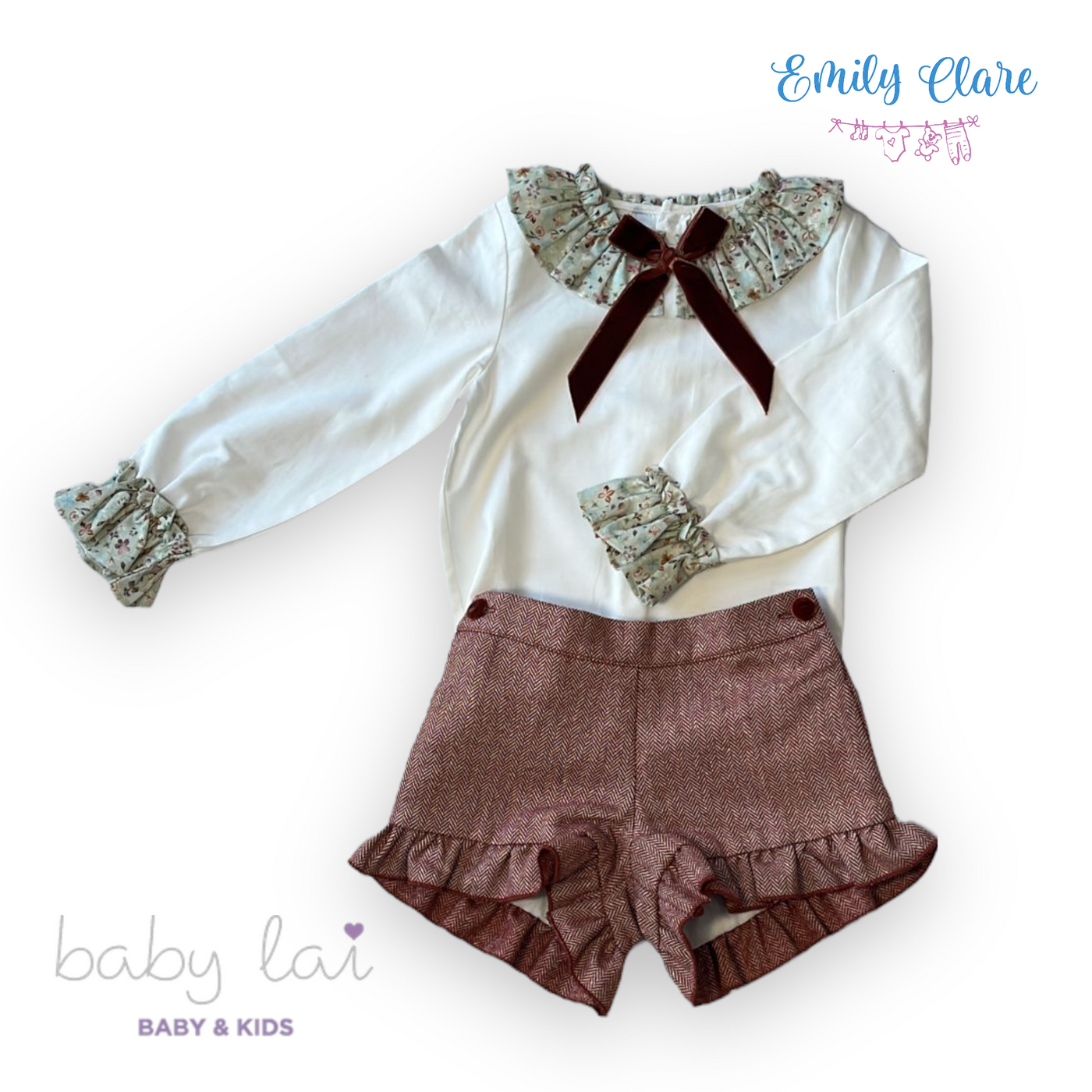 Girls Two-Piece White Blouse and Burgundy Short Set by Baby Lai