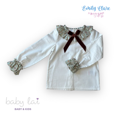 Girls Two-Piece White Blouse and Burgundy Short Set by Baby Lai