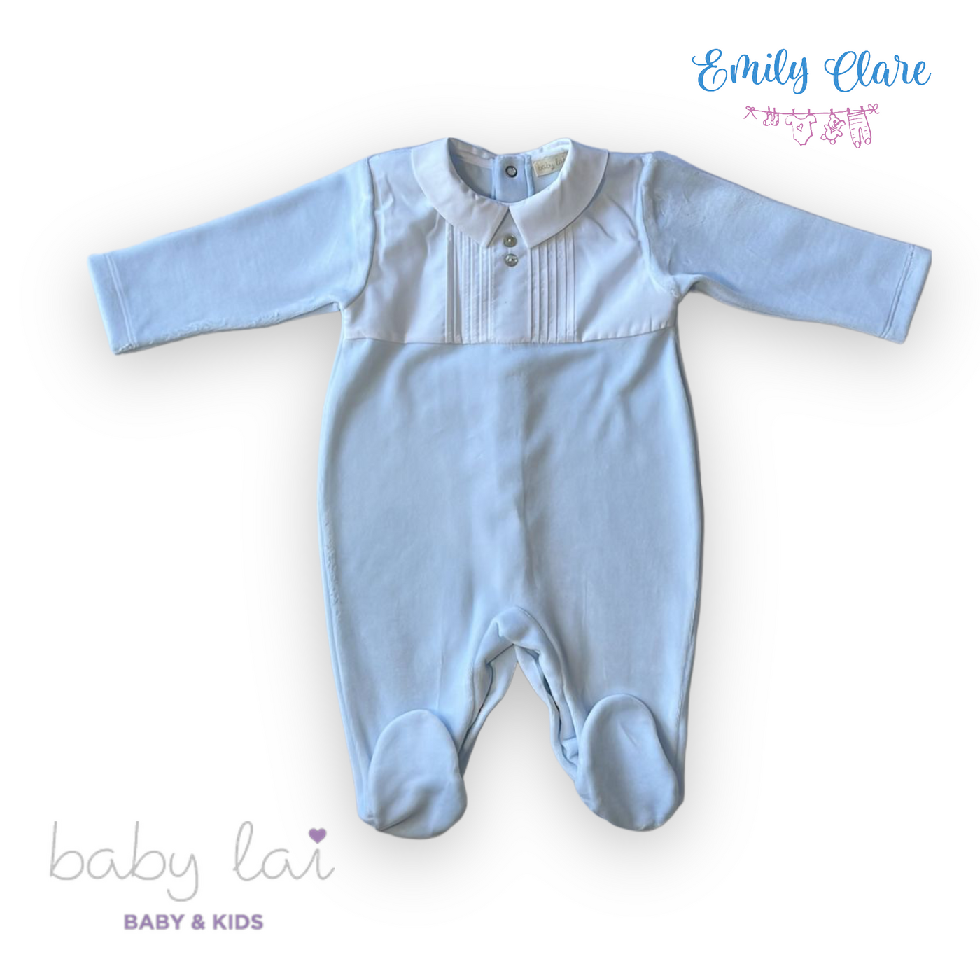 Boys Blue Velour Babygrow by Baby Lai