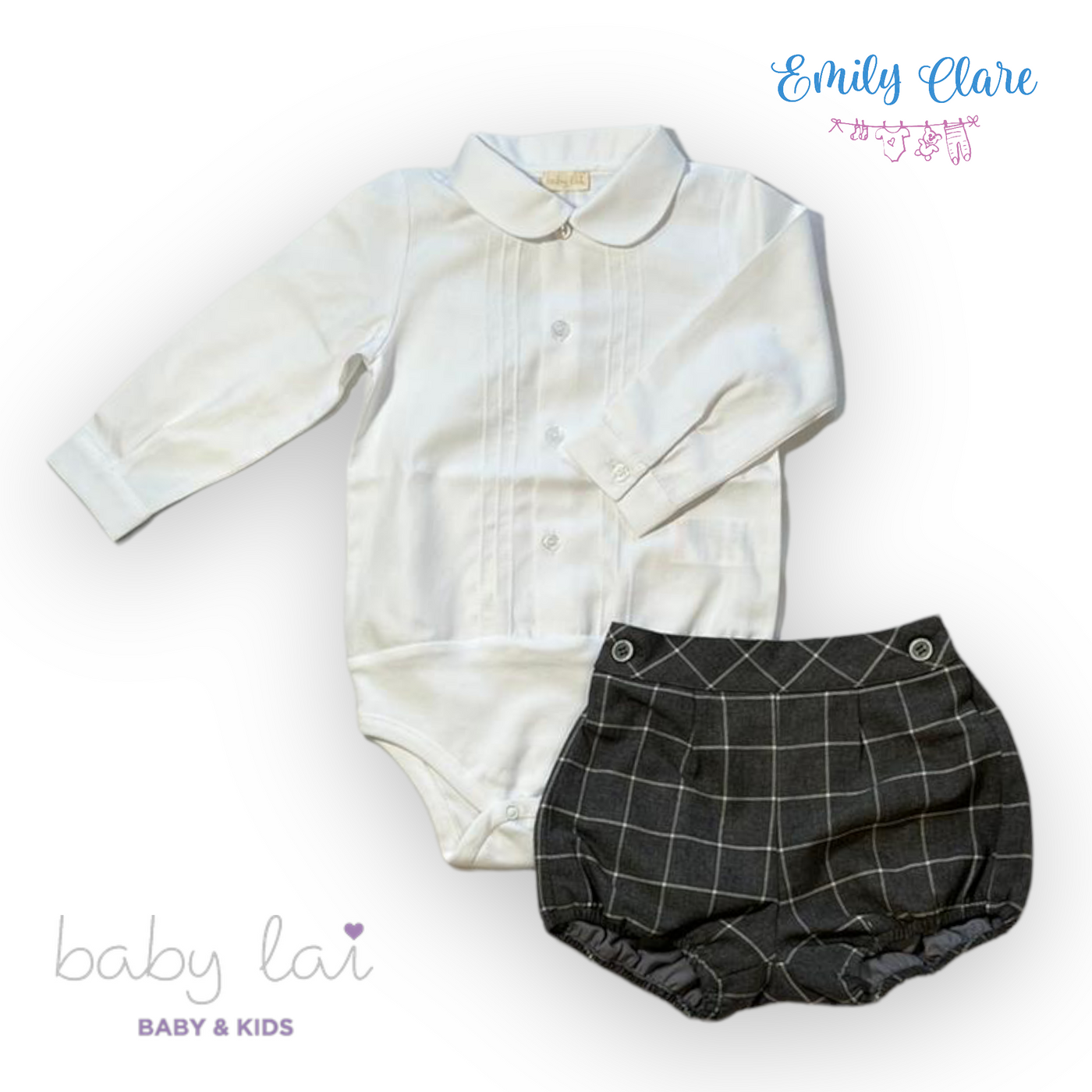 Boys Two Piece White Shirt with Grey Tartan Shorts by Baby Lai