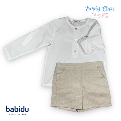 Boys Classic Beige Linen Shorts Set by Babidu