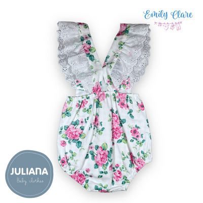 Girls White & Pink Strawberry Dungaree Romper By Juliana