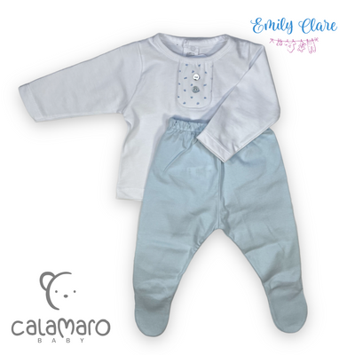 Boys White & Blue Two Piece Babygrow By Calamaro