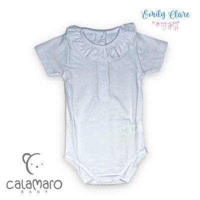 Girls White Ruffle Collar Bodysuit By Calamaro