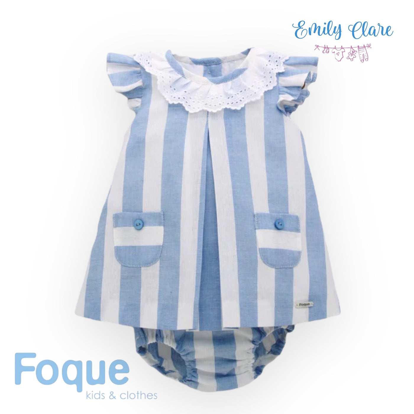 Girls Blue & White Striped Dress By Foque