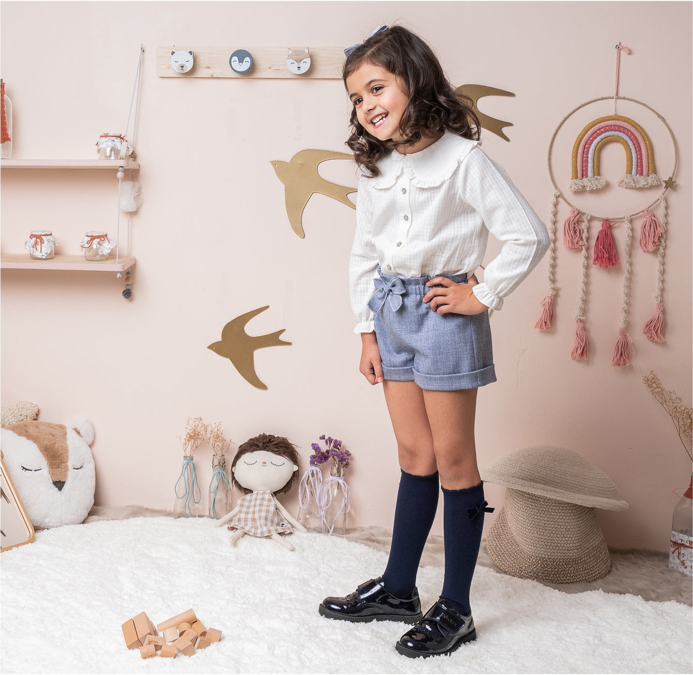 Girls Cream Shirt & Blue Shorts Set by Granlei