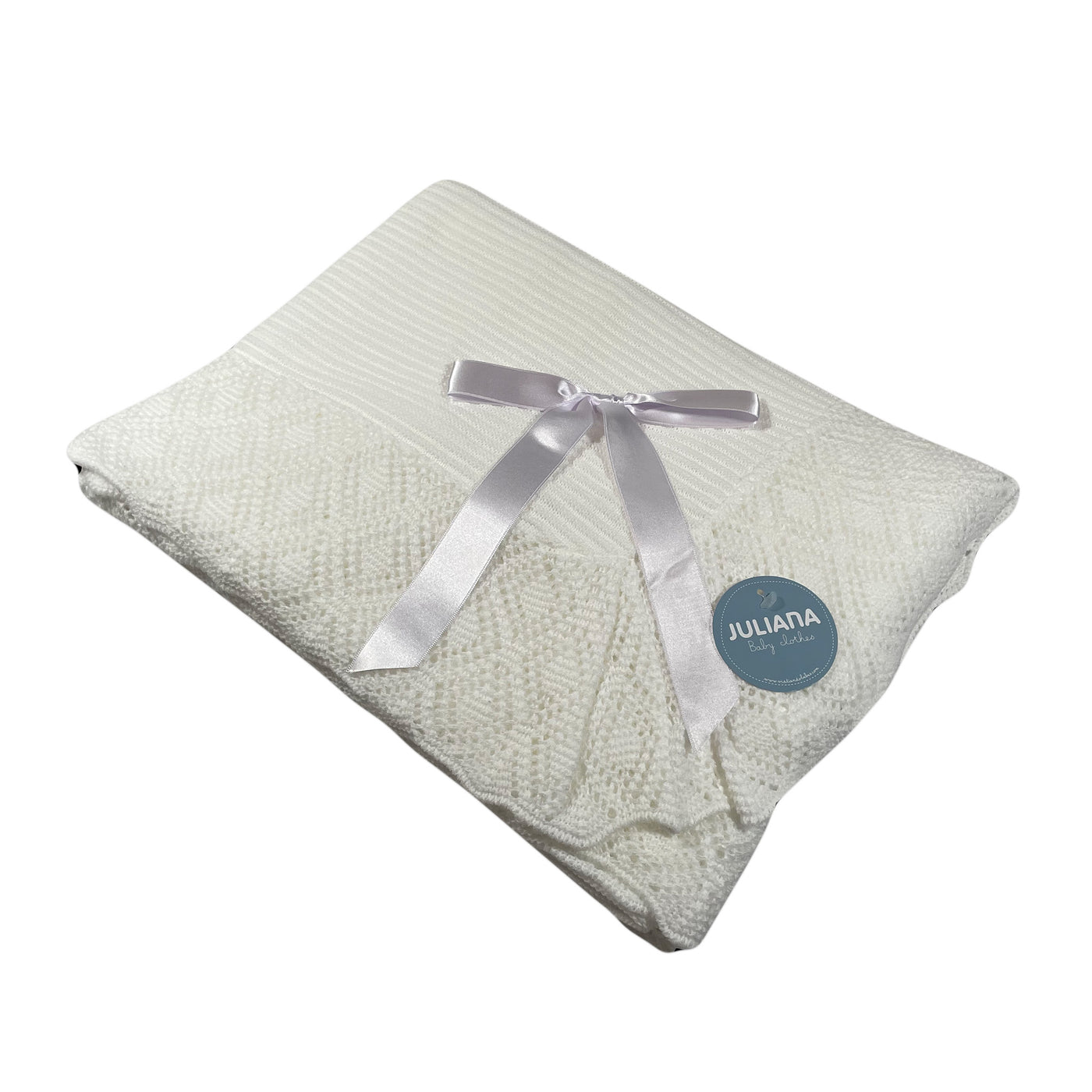 White Winter Knitted Blanket with Silk Bow and Diamond Detailing by Juliana