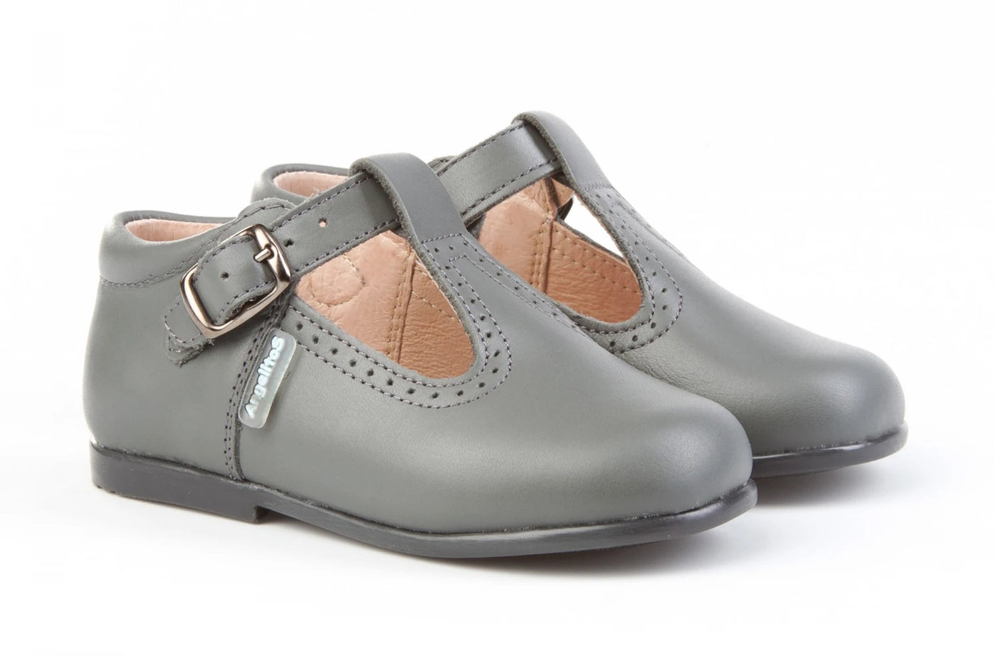 Boys Grey Soft Leather T-Bar Shoes by AngelitoS